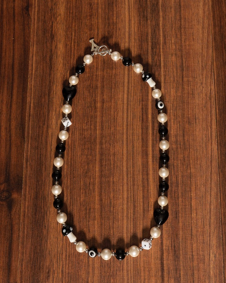 Pearl Necklace with black charms